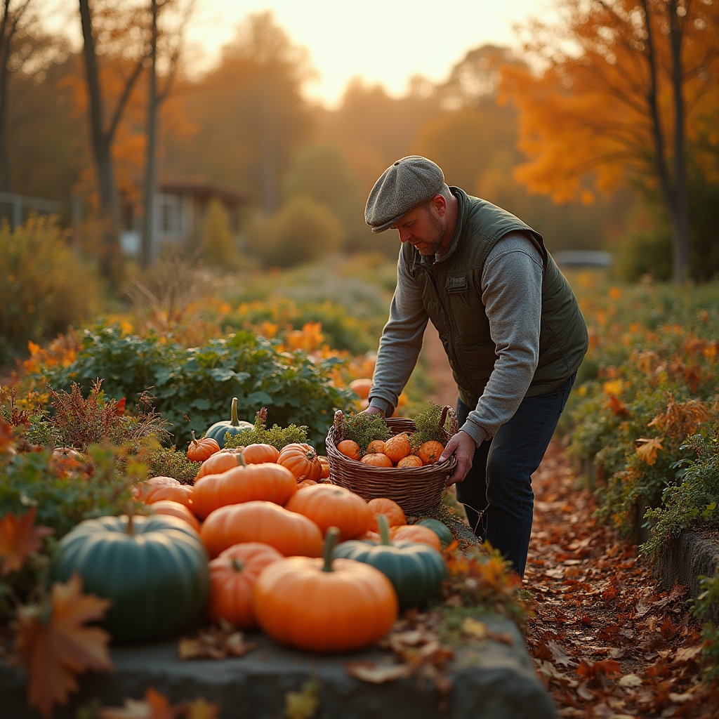 Jardin d'automne avec récoltes tardives et préparation hivernale
