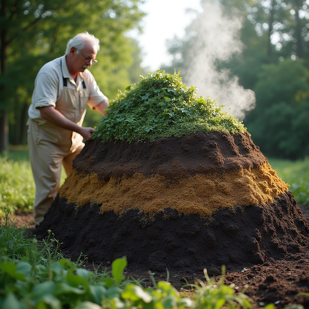 Système de compostage en couches montrant différentes étapes de décomposition