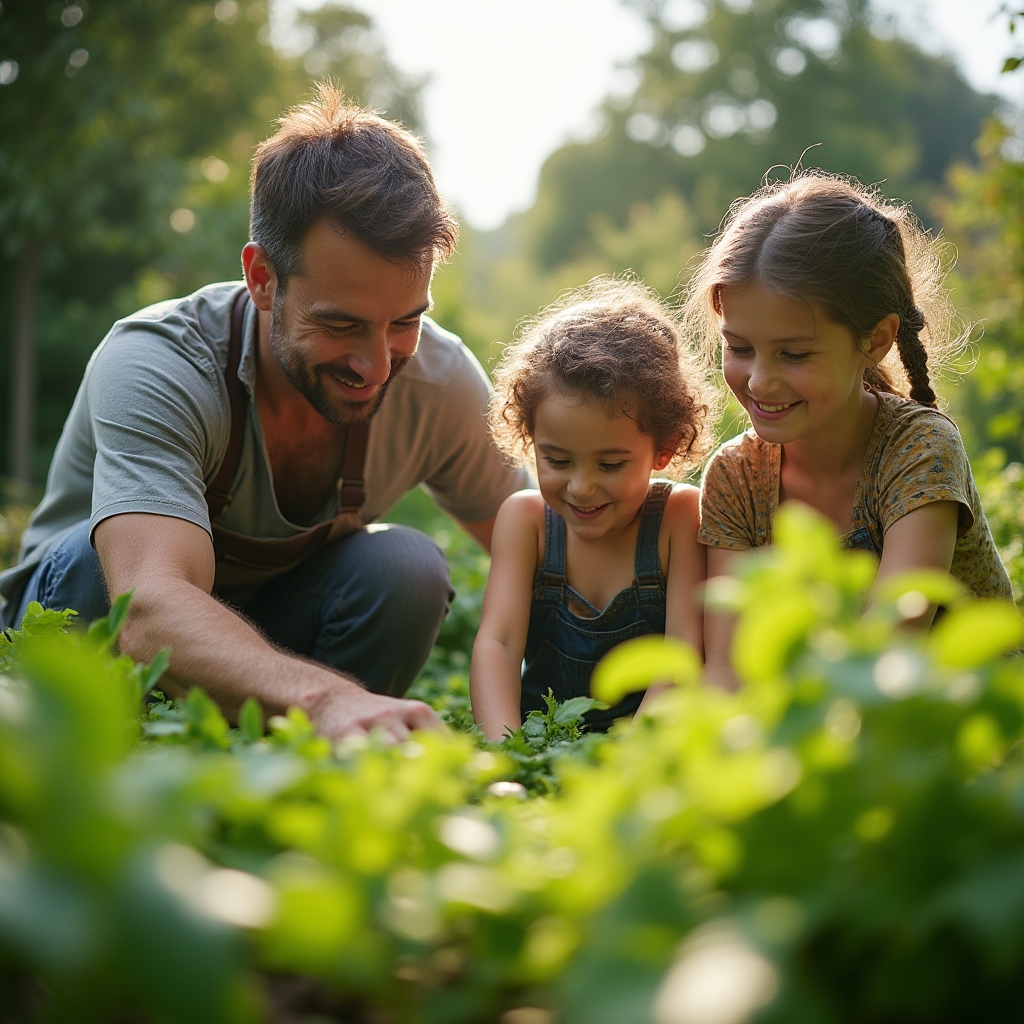 Famille française travaillant ensemble dans leur jardin en permaculture